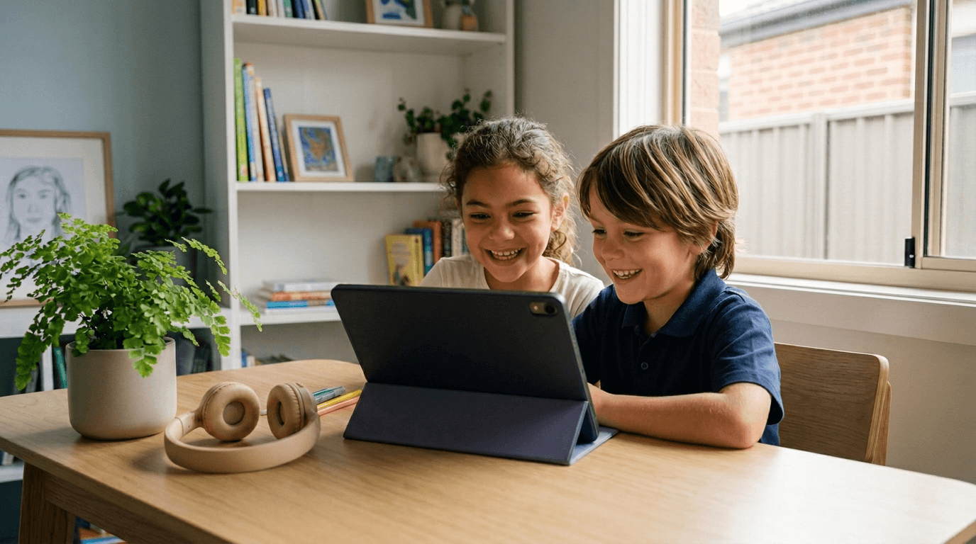 Two primary-school children learning together on a tablet at a table